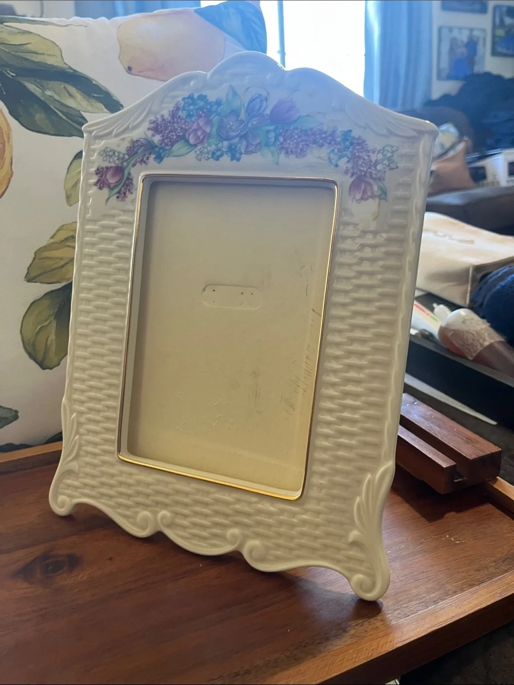 Lenox White Ceramic Picture Frame with Purple Floral Accents